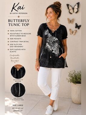 Kai by Kathy Peterson Butterfly Print Cotton Tunic Top | Black White | L Relaxed